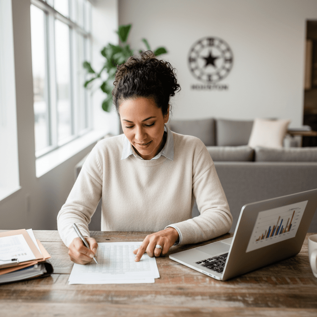 Business owner reviewing financial documents at desk
