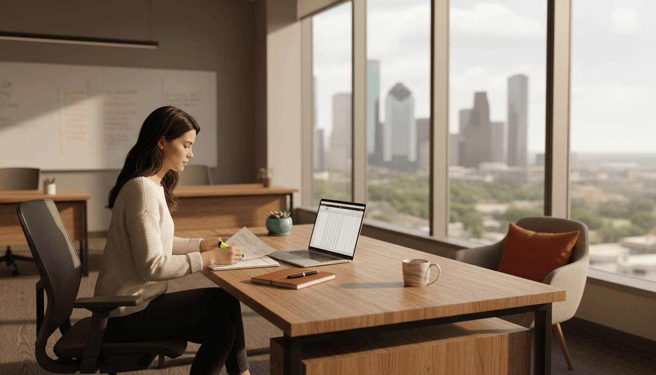 Professional working at a modern desk in a bright Houston office space