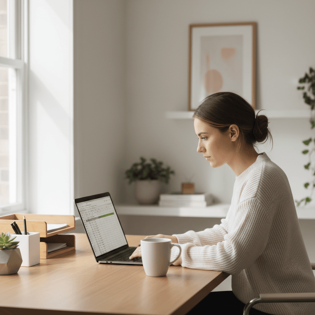 Entrepreneur working on laptop with business materials
