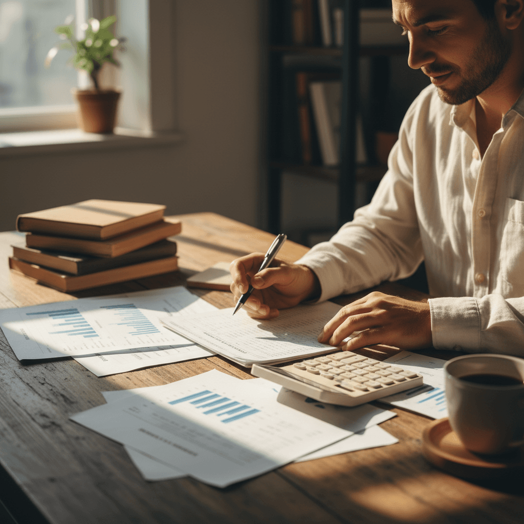 Business owner reviewing financial documents at desk