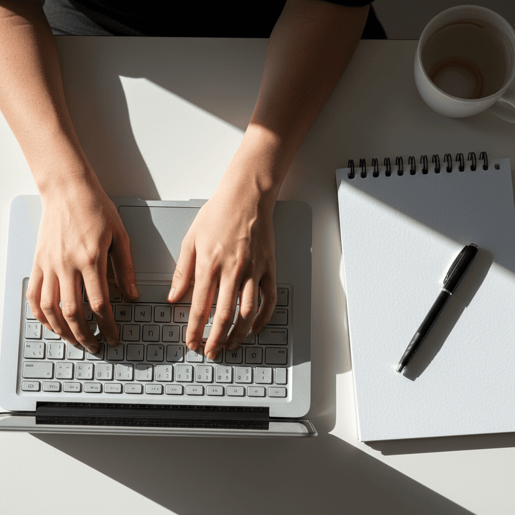 Professional hands working on laptop keyboard