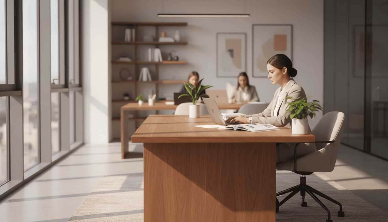 Professional working at desk in a modern office with natural light