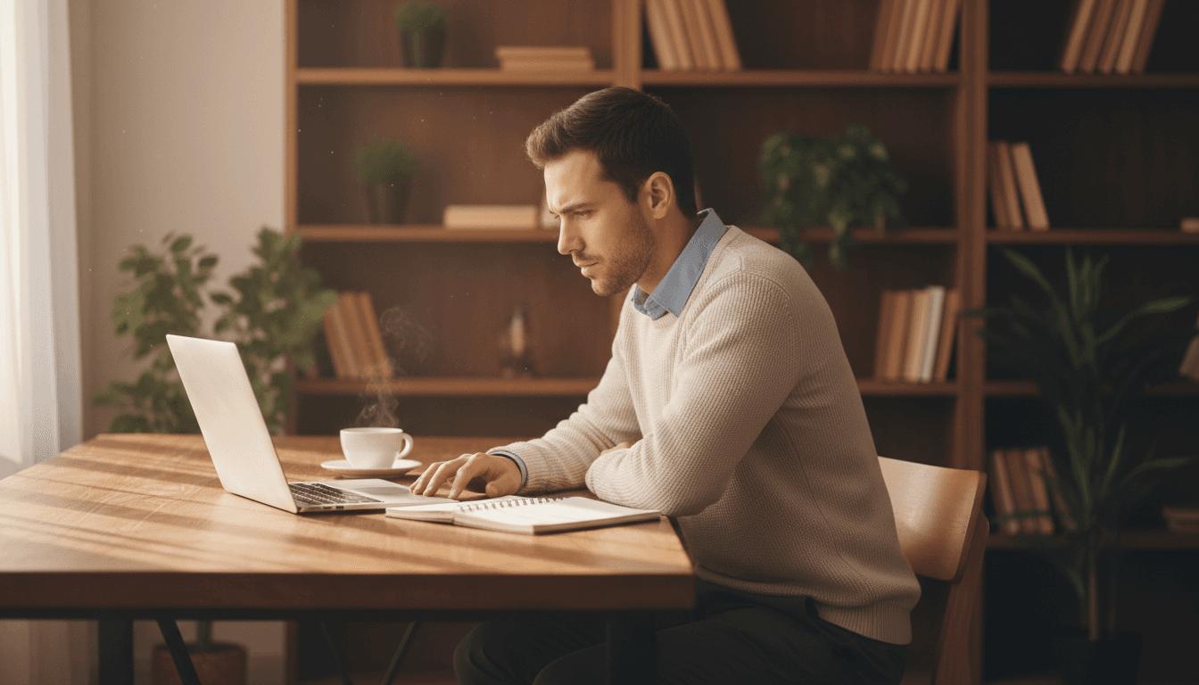 Professional working at desk in warm, naturally lit Houston office space