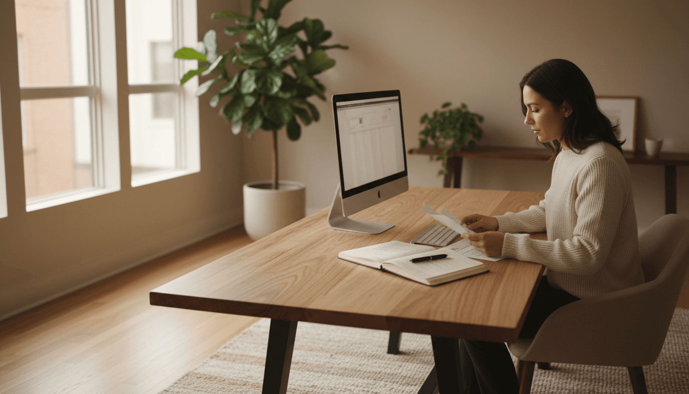 Professional in Houston office reviewing documents with focused expression